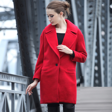 2013冬天红黑茧形羊毛呢大衣女式西装领一粒