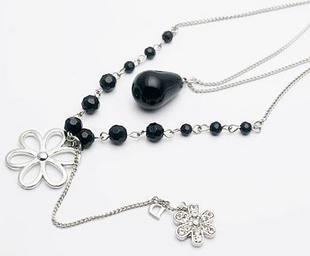  269 sbb 复古饰品批发 长款 多层 黑珠六叶花 项链毛衣链 14g