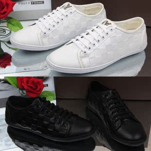  黑白色 潮流英伦风真牛皮低帮男鞋 韩版棋盘格系带休闲男款滑板鞋