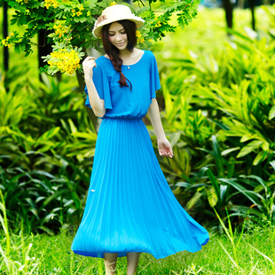 妮以2012夏装 新款女装韩版荷叶袖雪纺百褶裙连衣裙波西米亚长裙