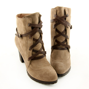  秋冬季新款欧美时髦交叉绑带牛皮高跟短靴粗跟马丁靴