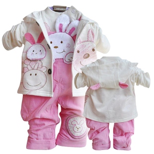  新年童装春装新款儿童套装女童背带裤长袖宝宝三件套0-1岁2岁