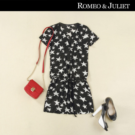 【欧洲站】2014夏装欧美女装新款 时尚星星印花V领短袖抽绳连衣裙