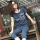 潮 2012夏新款 格子拼接洗水做旧 短袖卫衣套装 休闲运动套装 女