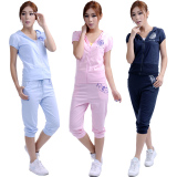 2012夏装新品 时尚韩版纯棉印花短袖七分裤连帽运动卫衣套装女款