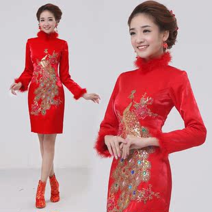  秋冬季夹棉长袖旗袍裙 新娘结婚礼服 改良新款短款复古QD8639