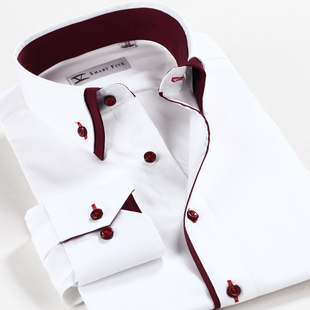  [SmartFive]纯棉免烫白色衬衫双层领修身男士商务休闲衬衣 纯色