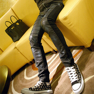 William of fall/winter 2012 with new leather pants, Korean tidal stitching fashion slim men washed leather trousers men