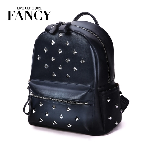 FANCY 2014新款欧美黑色铆钉双肩包女真皮时