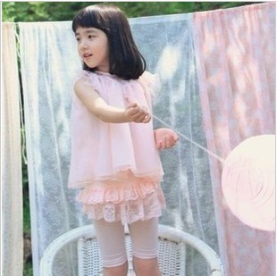  韩国童装女童夏装仙子轻纱女童短袖T恤儿童女无袖T恤蕾丝上衣