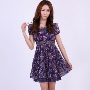 韩版2012新款夏装花边修身淑女短袖碎花甜美<span class=H>连衣裙</span>