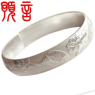  预言吉祥 民族风 老银匠手工千足银999纯银手镯鱼荷 妈妈新年礼品