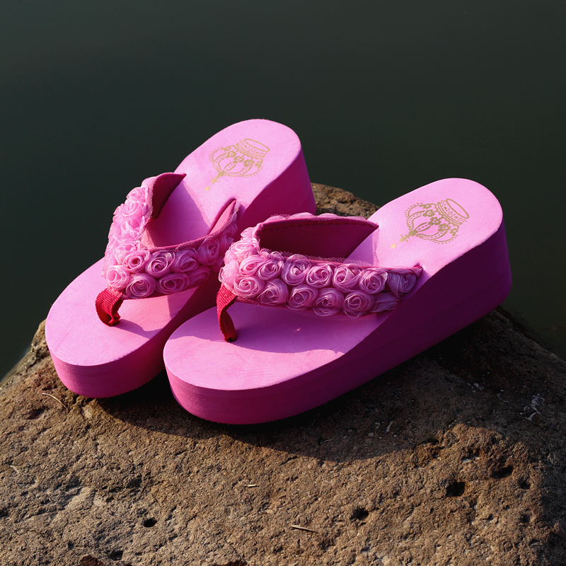 【高跟鞋】夏季唯美花朵高跟人字拖 厚底坡跟凉拖松糕夹脚凉鞋沙滩拖鞋女