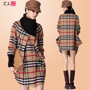  艾美 冬装新款 品质女装大牌英伦格子羊毛大衣毛呢外套有大码