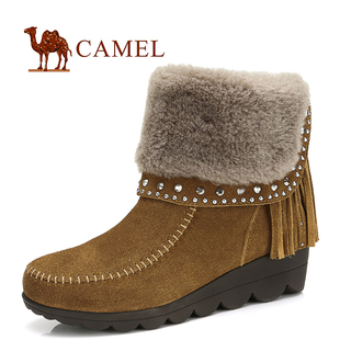  Camel 骆驼 雪地靴 冬保暖女靴 水钻流苏时尚百搭短靴 81053604