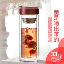 正品华亚办公杯情侣杯水晶双层玻璃杯带盖隔热茶杯透明水杯子HL1