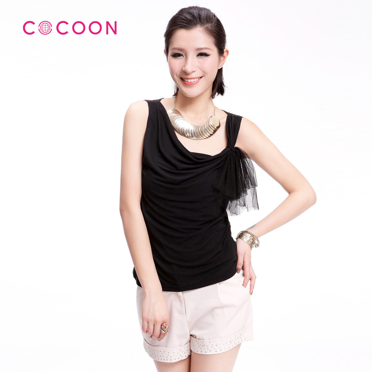 COCOON2012新品荡领网纱装饰蕾丝无袖上衣两件套212303021原价788