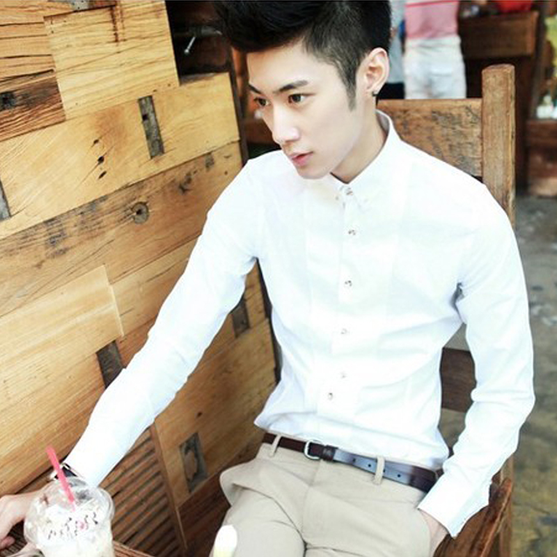 韩版修身男衬衫白色...
