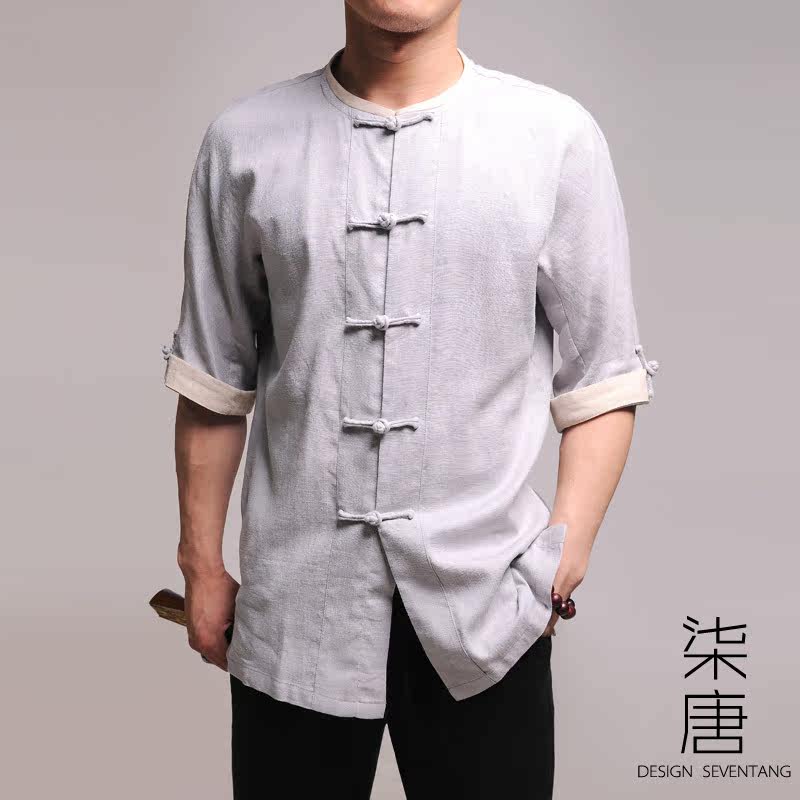 Dressed in view of Don light grey cloud men's clothing company flax fashion Tang Fuyuan sleeve short sleeve blouse brand goods 68