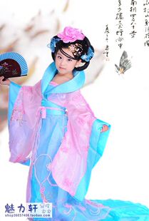 古代儿童<em>服装</em>粉蓝<em>小仙女</em>古装COS古典舞蹈服