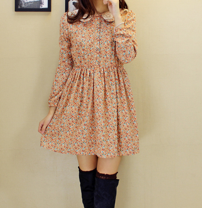 蕾丝娃娃领碎花雪纺...