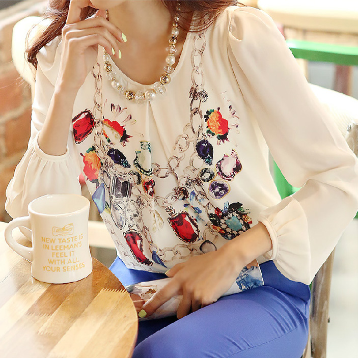 2014春装新款女装韩版修身圆领大码t恤女长袖雪纺上衣印花打底衫