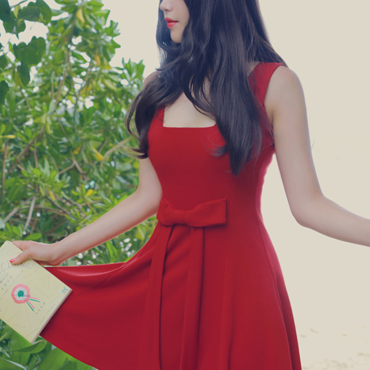 2014夏装韩国新款背心裙淑女装甜美复古沙滩裙修身优雅无袖连衣裙