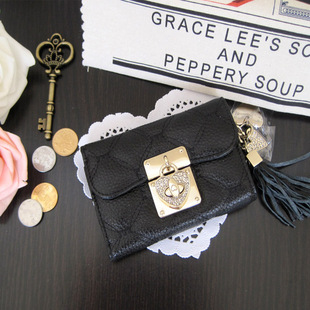  新款女士韩版真皮绣花钥匙包 可爱短款桃心形锁头牛皮卡包零钱包