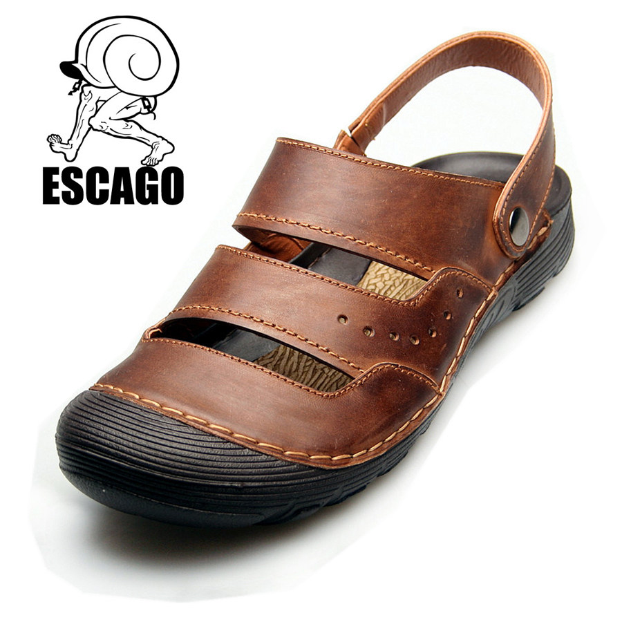 ESCAGO 头层牛皮 真皮平跟2012舒适柔软包头男凉鞋个性手工男鞋