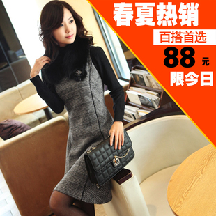 2012新款春装韩版毛呢连衣裙秋冬季修身打底背心裙复古大码女装