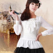 2012古艾思春新款韩版蕾丝女装雪纺长袖甜美淑女娃娃衫衬衫996