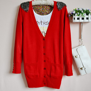 春季<em>中长开衫女针织</em>衫空调衫复古长袖肩章外套