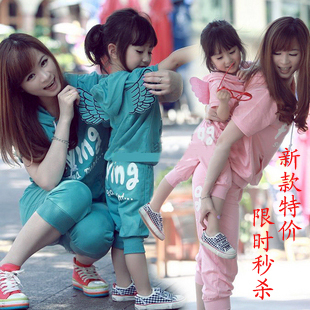  夏装亲子装韩版母女装母子装天使翅膀纯棉儿童短袖运动装套装