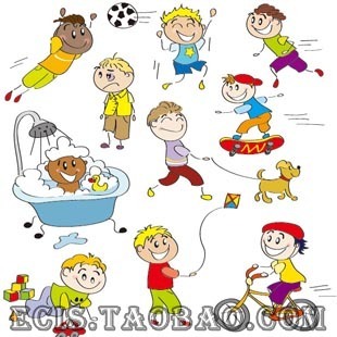 卡通小男孩运动人物 放风筝 滑板 踢足球 洗澡 