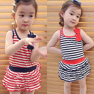  韩版童装女童儿童夏季收腰层层条纹套装裙子吊带背心裙 特惠