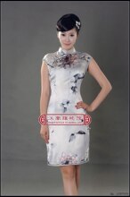 江南旗袍馆 真丝喷绘双色扣短旗袍 栀子花开 010-12 有XXL码 特价