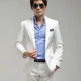  男装修身西服白色西服套装白色结婚礼服韩版西装套装面试西服男