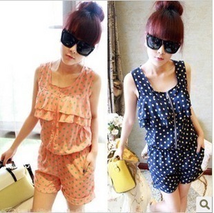 夏季新款 女装<em>波点</em>无袖前拉链<em>连体短裤热裤</em>_淘
