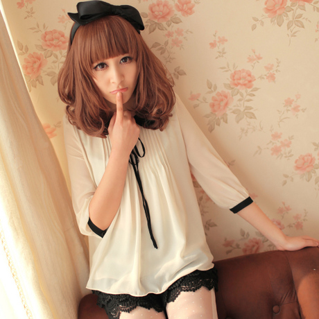 中袖雪纺娃娃衫甜美...