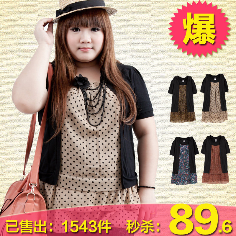 夏季大码女装胖mm夏装新品印波点/<span class=H>豹纹</span>/碎花雪纺假2件连衣裙6631