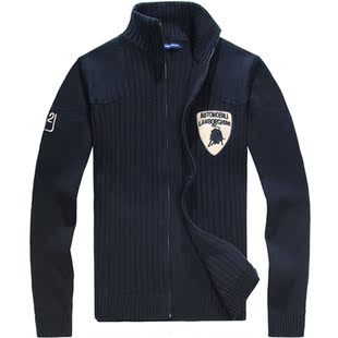  春装新品 兰博基尼纯棉男士加厚毛衣大码立领开衫针织衫男装外套