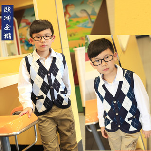  男童背心儿童马甲宝宝针织衫毛衣大童羊绒衫童装开衫加厚格子毛衣