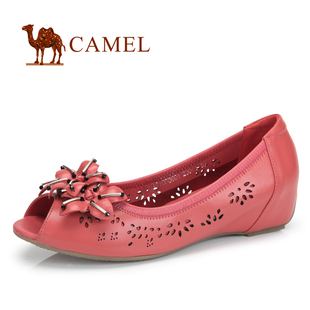  camel骆驼正品女鞋 新款甜美花朵真皮镂空鱼嘴中跟坡跟凉鞋