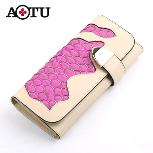  AOTU新款复古撞色奢华鲤鱼皮女士钱包女长款真皮钱夹牛皮手包皮夹