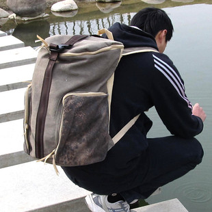  帆布男士双肩背包大容量旅行男式包水桶型学生书包韩版新款潮