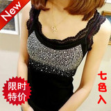 2011新品春夏装韩版女装  蕾丝边全棉水钻肩带<span class=H>小</span><span class=H>背心</span> 镶钻<span class=H>吊带</span>