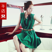 韩国ONLY SZ真丝连衣裙 绿色无袖背心裙 女 韩版收腰显瘦大码腰带