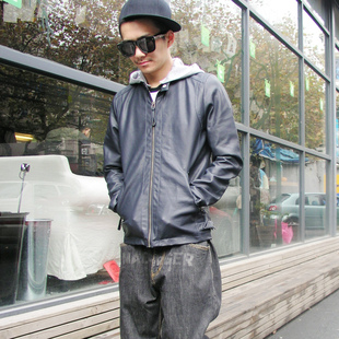  FLJ正品/潮男欧美修身薄型仿皮脱卸帽机车夹克/原创PU革运动外套