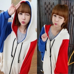 <em>2014蘑菇街</em>秋装<em>新款 开衫</em>连帽加厚宽松纯撞色