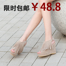 2012清仓 欧美松糕鞋坡跟厚底凉鞋 流苏女鞋子高跟鞋鱼嘴裸色